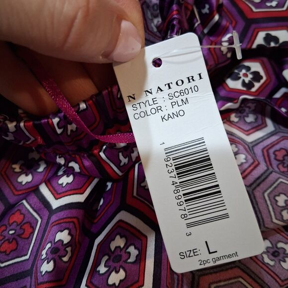 NWT NATORI Kano PJ 2pc Set In Plum Purpe Abstract Floral Pajamas Lounge Satin L - Picture 8 of 8